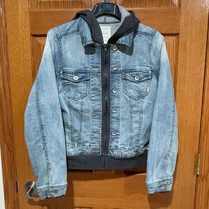 HINT Women's L Full Zip Blue Denim Gray Fleece Hooded Jean Jacket